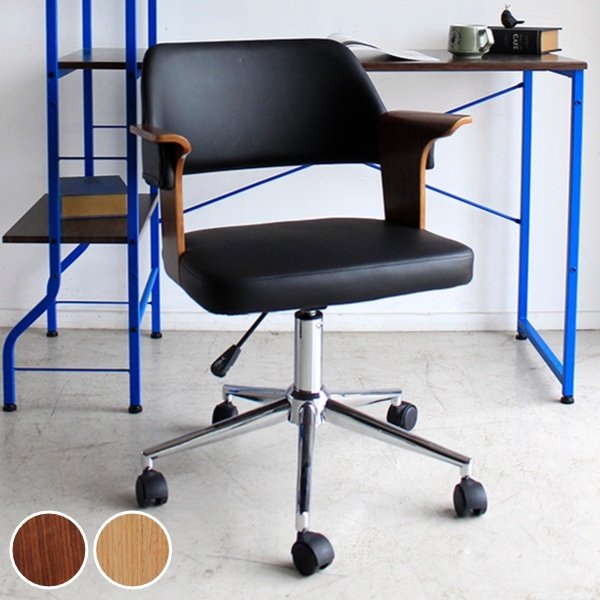 オフィスチェア 座面高44〜54cm 高さ調整 キャスターチェア レザー調 曲木 （ デスクチェア 椅子 チェア パソコンチェア キャスター付き 木製 肘掛け ）