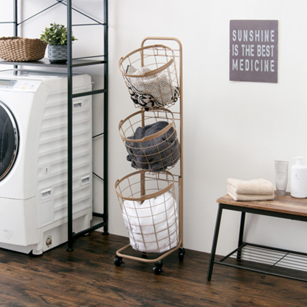 ランドリーワゴン 3段 スリム 幅35cm ラウンドバスケット ランドリー
