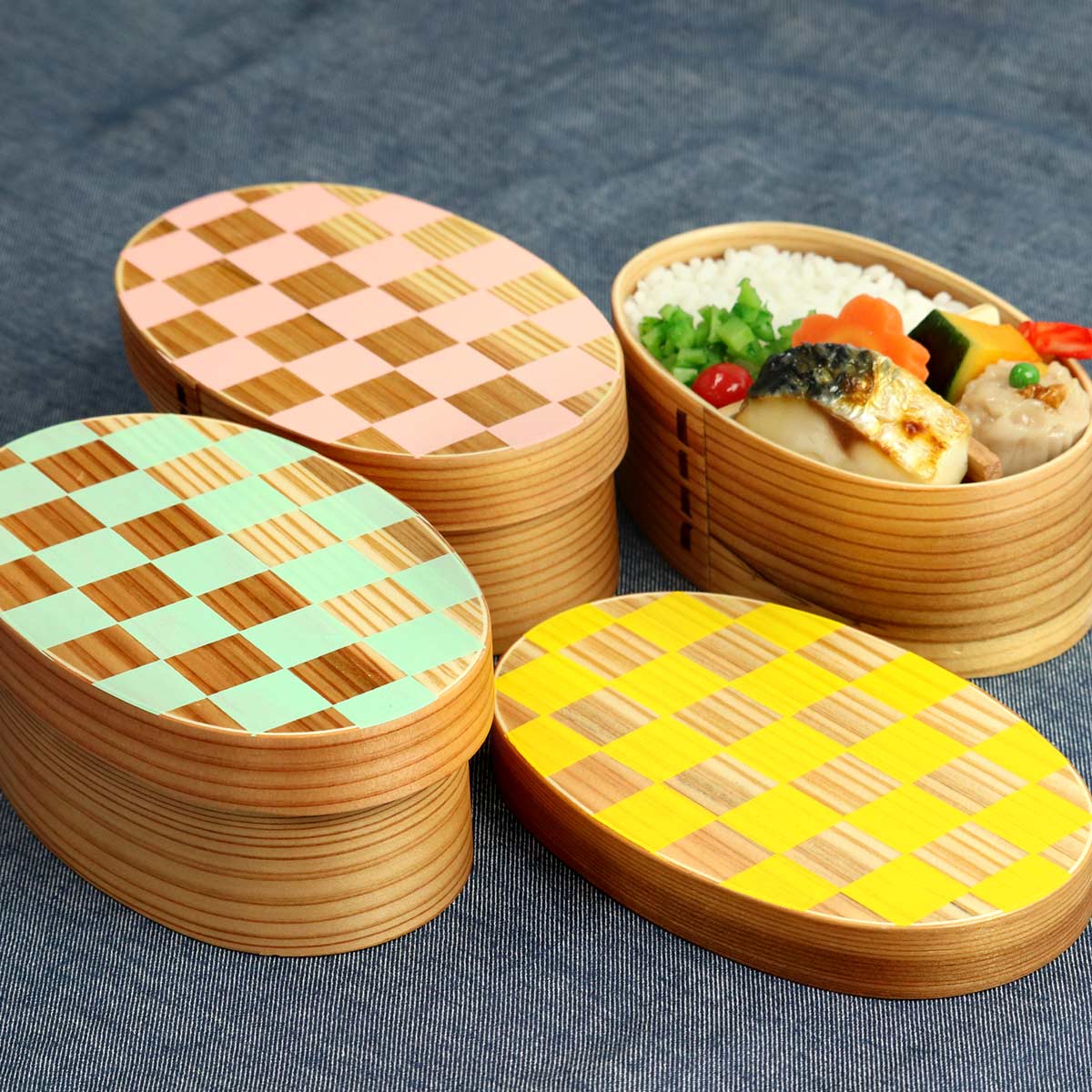 弁当箱 曲げわっぱ 400ml 1段 小判 市松 ウレタン塗装 （ お弁当箱