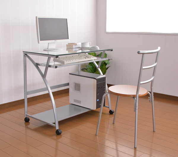 ミヤグチ企販 パソコンデスク ガラス 幅80cm ガラス天板 キャスター