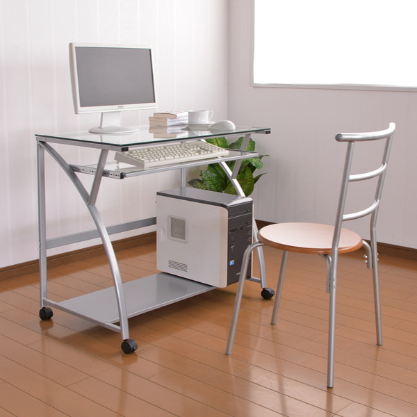 ミヤグチ企販 パソコンデスク ガラス 幅80cm ガラス天板 キャスター