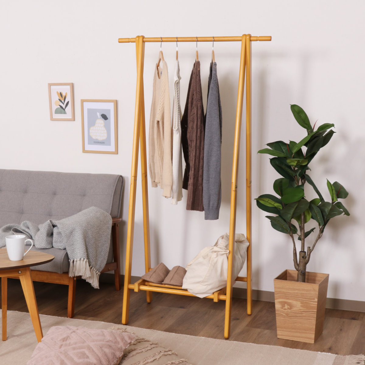 不二貿易（Fuji Boeki） ハンガーラック 幅75cm 折りたたみ式 天然木