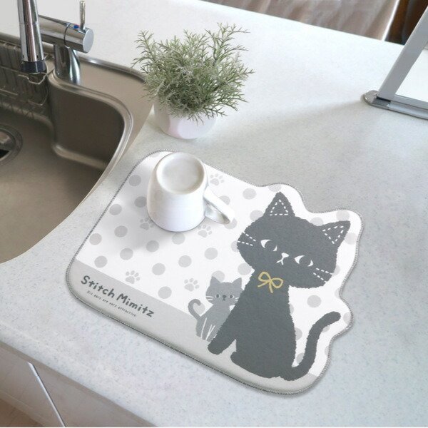 水切りマット ねこのミミッツ 40cm×30cm （ 吸水マット 食器乾燥マット 水切り用マット ディッシュマット 食器乾燥用マット 大判 洗える ）