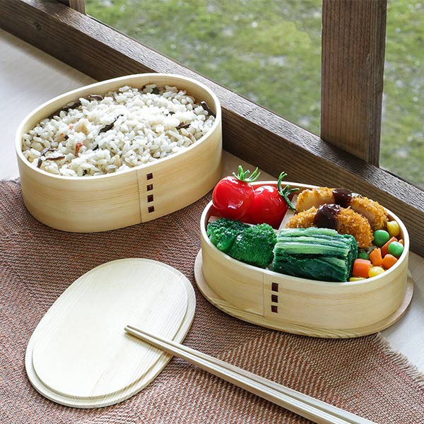弁当箱 曲げわっぱ 2段 800ml 小判型 入れ子 （ 木製 ランチボックス