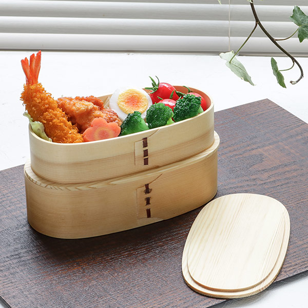 弁当箱 曲げわっぱ 2段 1000ml 小判型 入れ子 （ 木製 ランチボックス