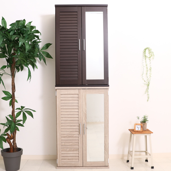 不二貿易（Fuji Boeki） 下駄箱 木製 ルーバー ミラー付き 幅60cm 組立