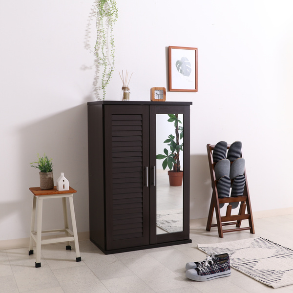 不二貿易（Fuji Boeki） 下駄箱 木製 ルーバー ミラー付き 幅60cm 組立