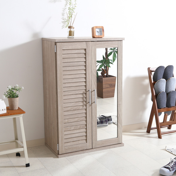 不二貿易（Fuji Boeki） 下駄箱 木製 ルーバー ミラー付き 幅60cm 組立