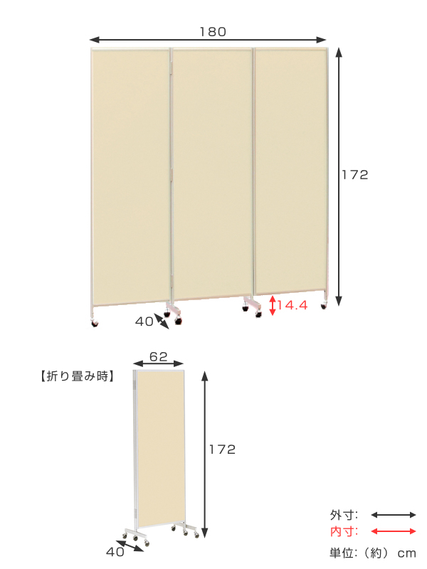 衝立 三つ折り 高さ172cm パーテーション キャスター 折り畳み 収納