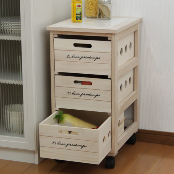 キッチンストッカー 3段 桐製 タイルトップ 幅30cm （ キッチン収納