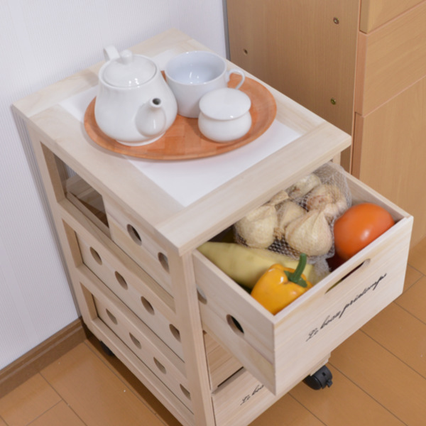 キッチンストッカー 3段 桐製 タイルトップ 幅30cm （ キッチン収納