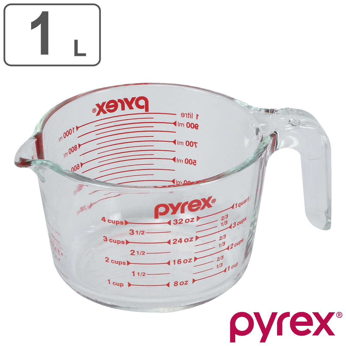 PYREX 計量カップ 1L 耐熱ガラス 取っ手付き メジャーカップ （ パイレックス 耐熱 ガラス 1 リットル 計量 カップ 目盛 食洗機  電子レンジ オーブン 対応 ）