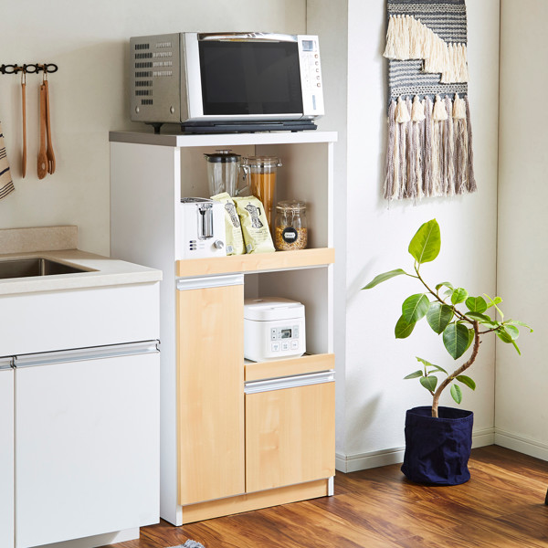 レンジ台 木製 家電ラック 米びつ付 2段スライド棚 日本製 幅60cm