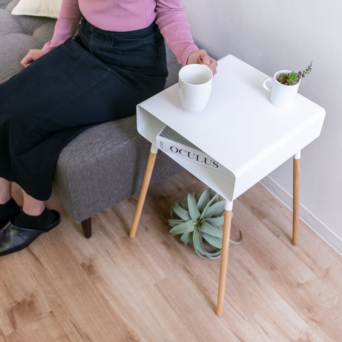 サイドテーブル 中棚付き 天然木製 シンプル 山崎実業 PLAIN サイドテーブル 収納付き スチール 木製 （ プレーン