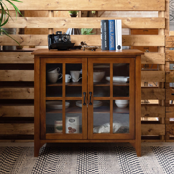 キャビネット 両開き ガラス扉 天然木 エスニック調 Timber 幅80cm