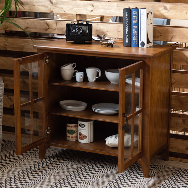 キャビネット 両開き ガラス扉 天然木 エスニック調 Timber 幅80cm