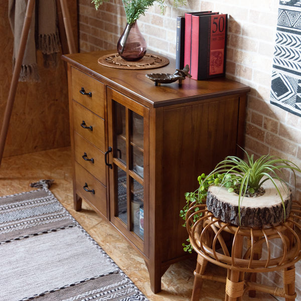 キャビネット 片開き 引出し付 天然木 エスニック調 Timber 幅80cm