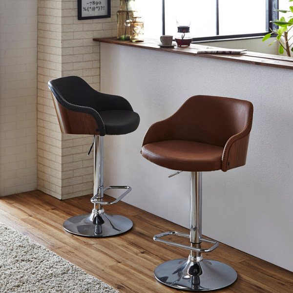 カウンターチェア 座面高63〜83cm レザー調 木製 フットレスト 肘掛け