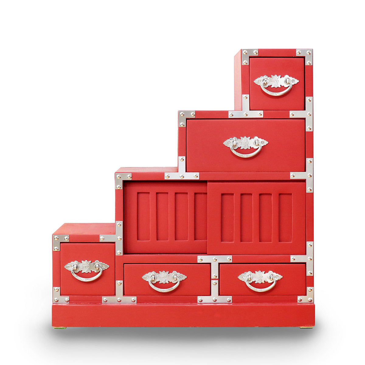 階段箪笥 桐製 民芸調 和風チェスト 左下がり 朱雀 幅57cm （ 箪笥