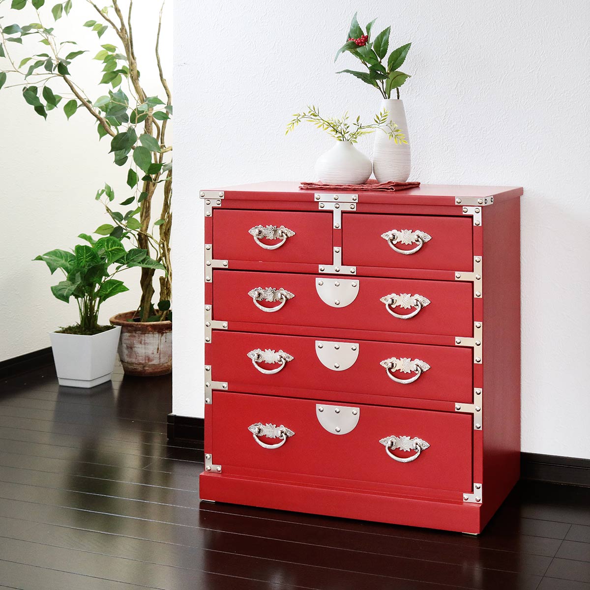 引出箪笥 4段 民芸調 和風チェスト 朱雀 幅58cm （ 箪笥 和風民芸調