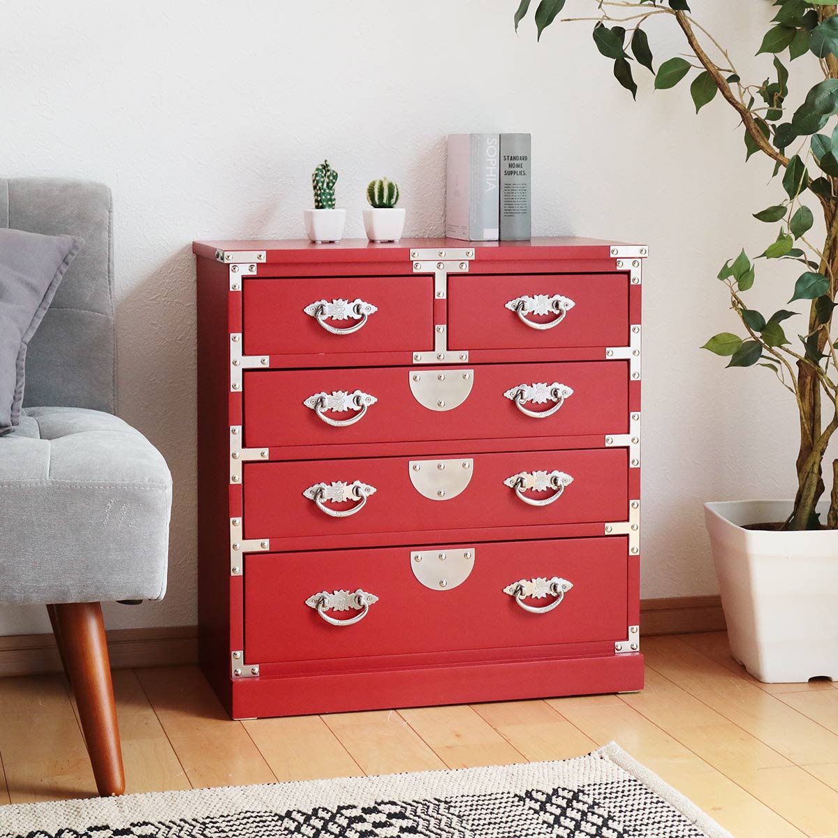 引出箪笥 4段 民芸調 和風チェスト 朱雀 幅58cm （ 箪笥 和風民芸調