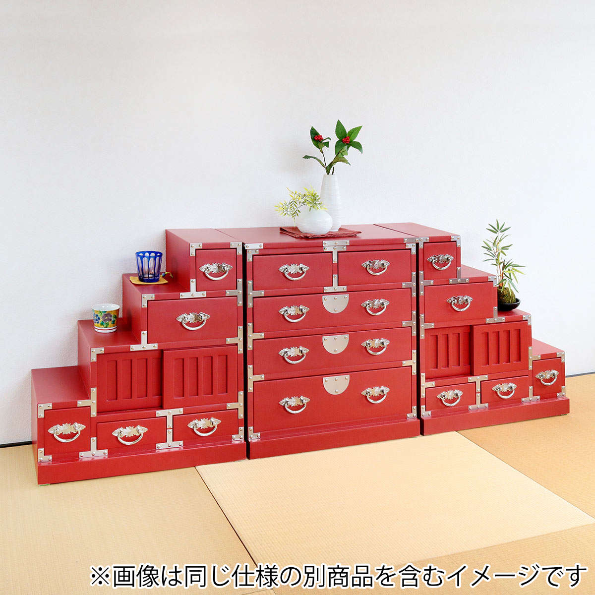 階段箪笥 桐製 民芸調 和風チェスト 右下がり 朱雀 幅57cm （ 箪笥