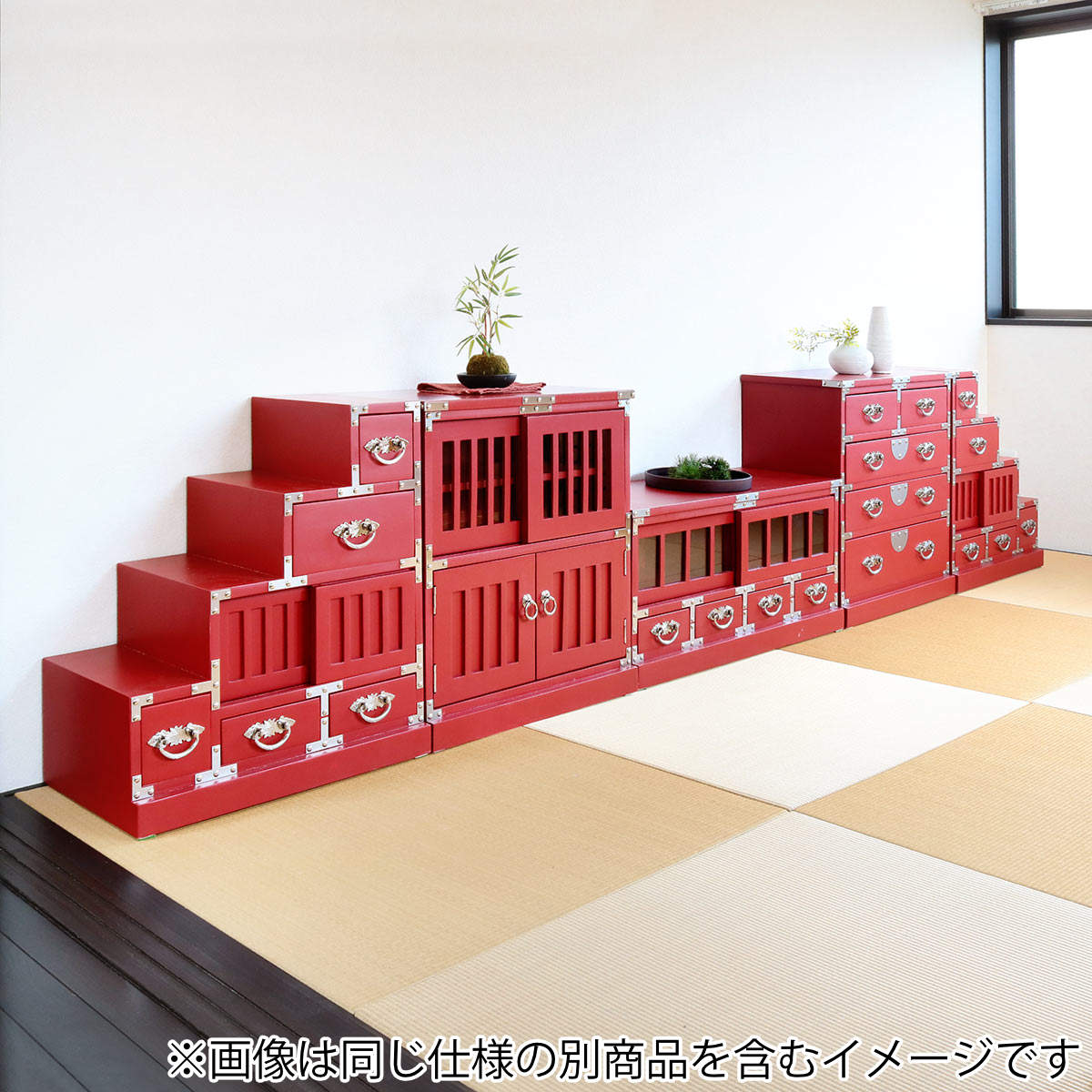 階段箪笥 桐製 民芸調 和風チェスト 右下がり 朱雀 幅57cm （ 箪笥