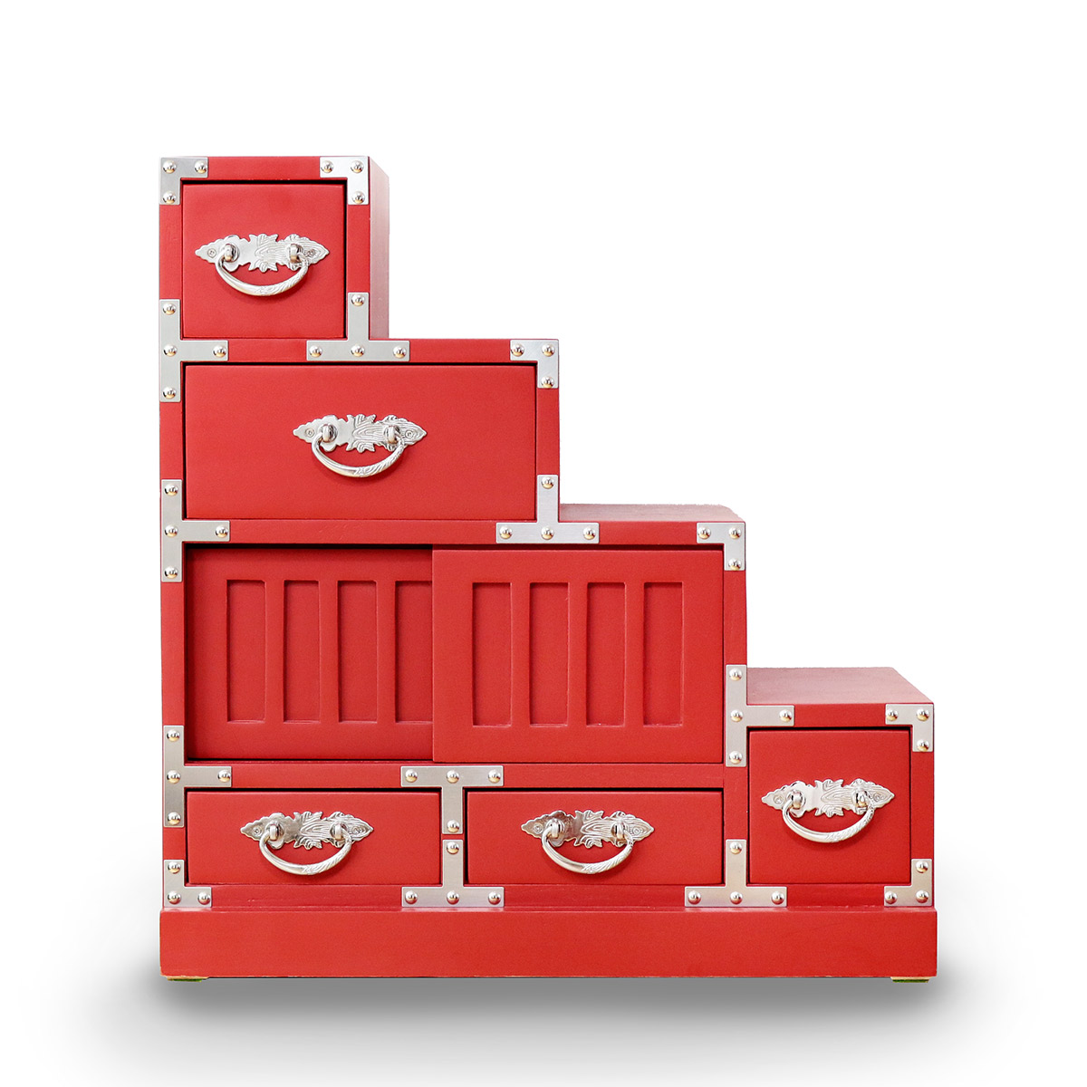 階段箪笥 桐製 民芸調 和風チェスト 右下がり 朱雀 幅57cm （ 箪笥