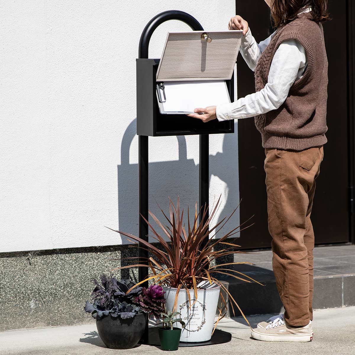 ポスト スタンドポスト スタンドセット ダイヤル式 木目 （ 窓付き