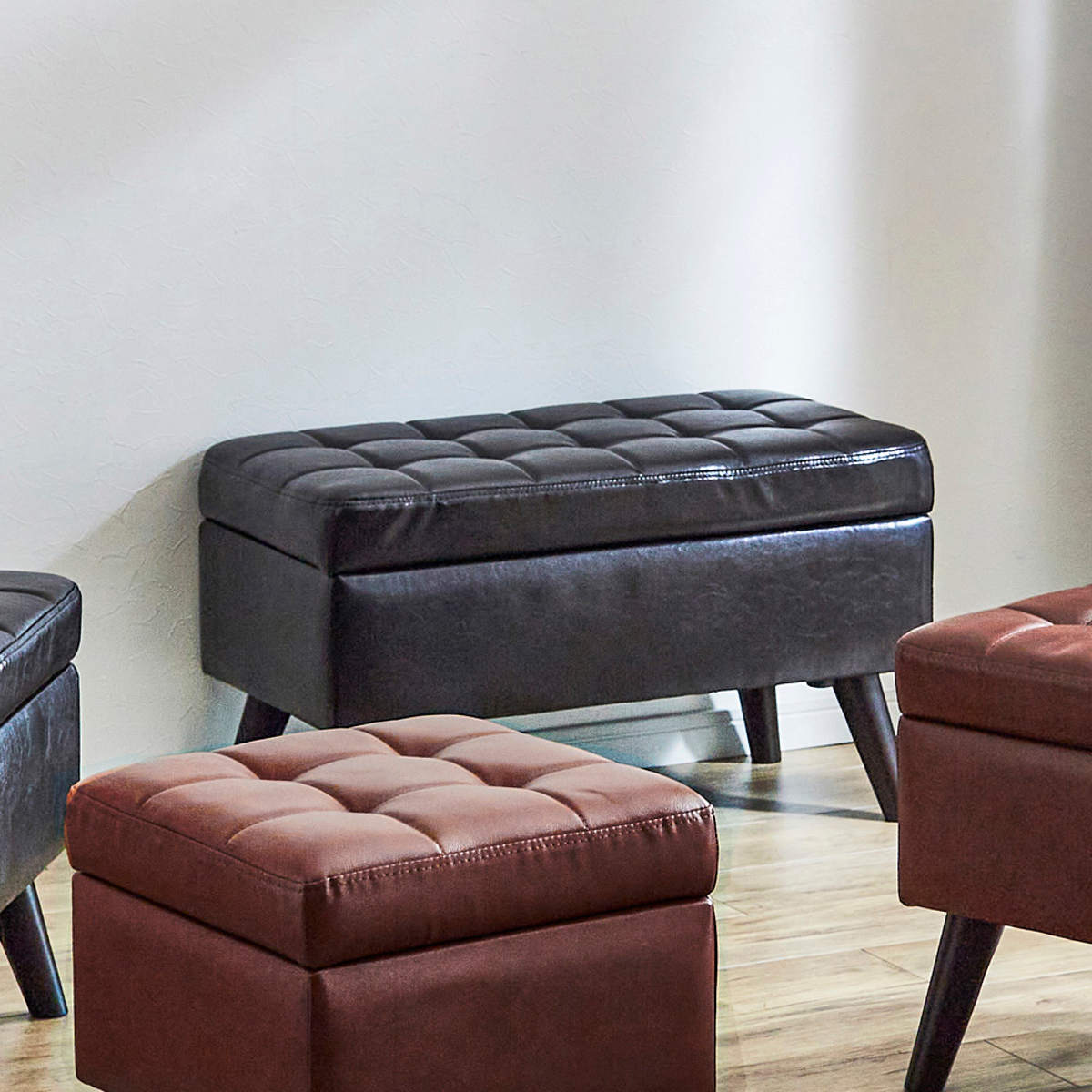 本革使用 オットマン ブラウン 足置き スツール 55cm x 45cm スツール 収納付き 幅75cm 高さ45cm レザー調 （ オットマン 脚