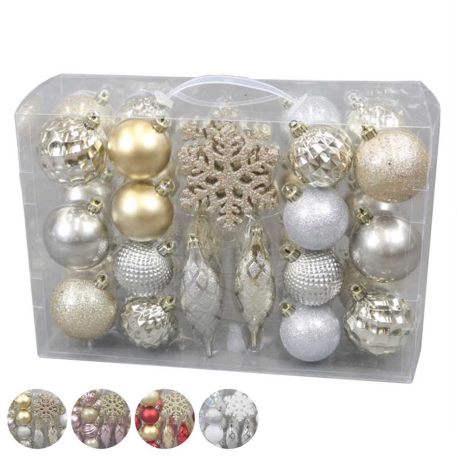 オーナメントセット クリスマス 40個入り （ 装飾 飾り ツリー飾り ボール ドロップ スノーフレーク おしゃれ ゴールド ピンク シルバー ホワイト レッド ）