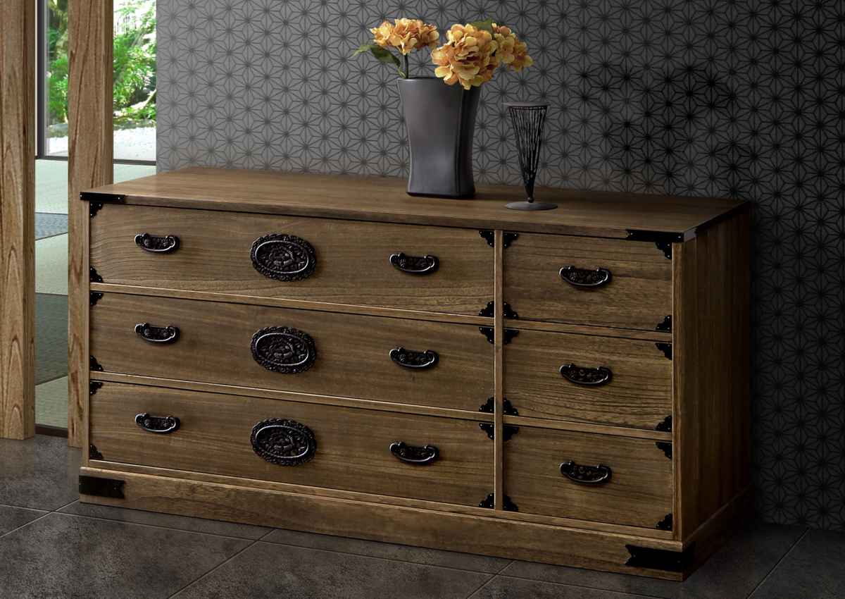 マーゼルン 総桐 民芸たんす 幅120cm 3段2列 焼桐調オイル仕上げ （ 桐