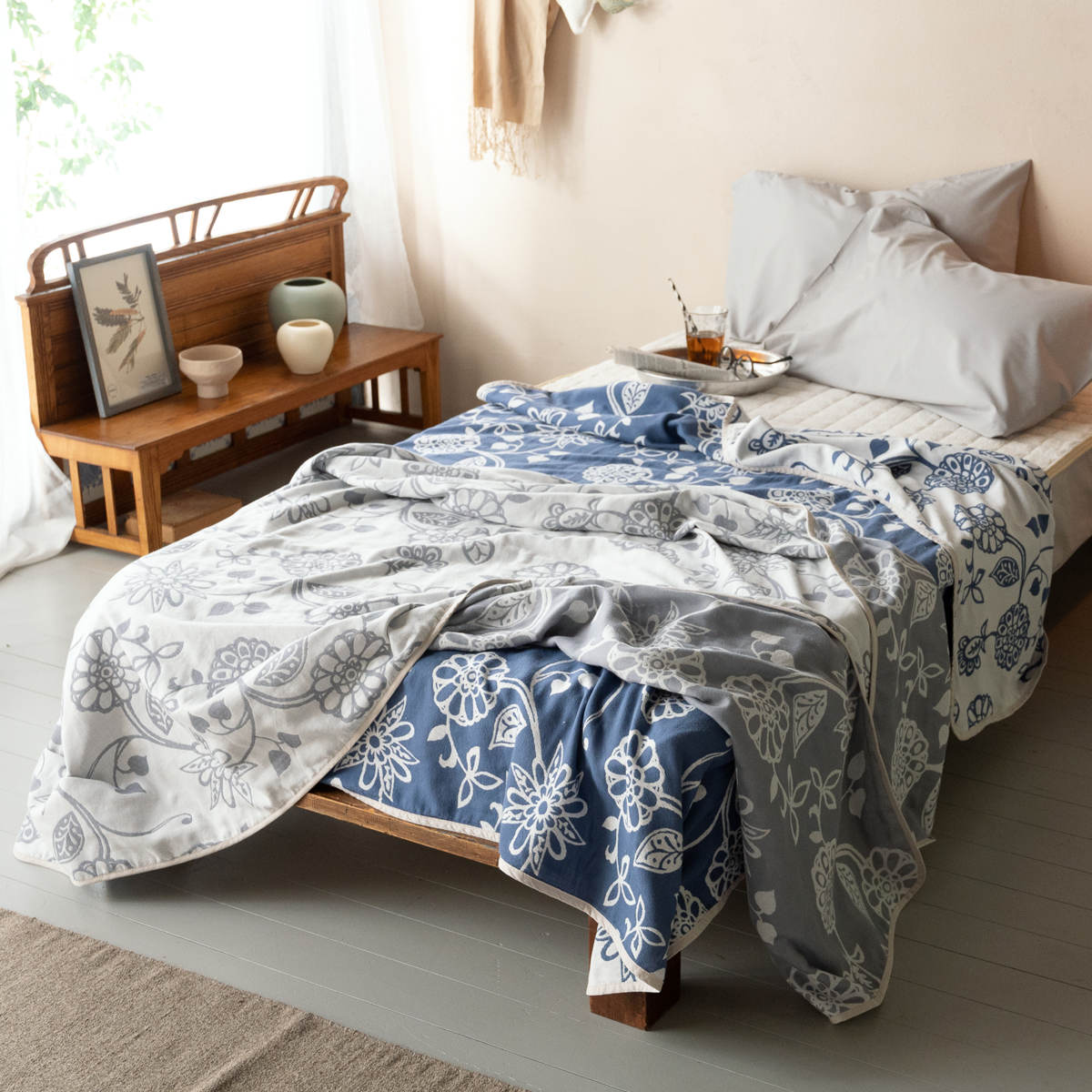 ガーゼケット Fab the Home シングル エイジア 花柄 綿100