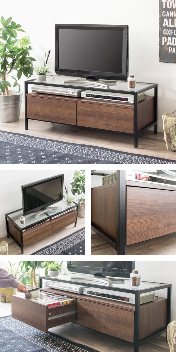 テレビ台 ヴィンテージ調 ガラストップ 引出し付 幅97cm （ テレビ