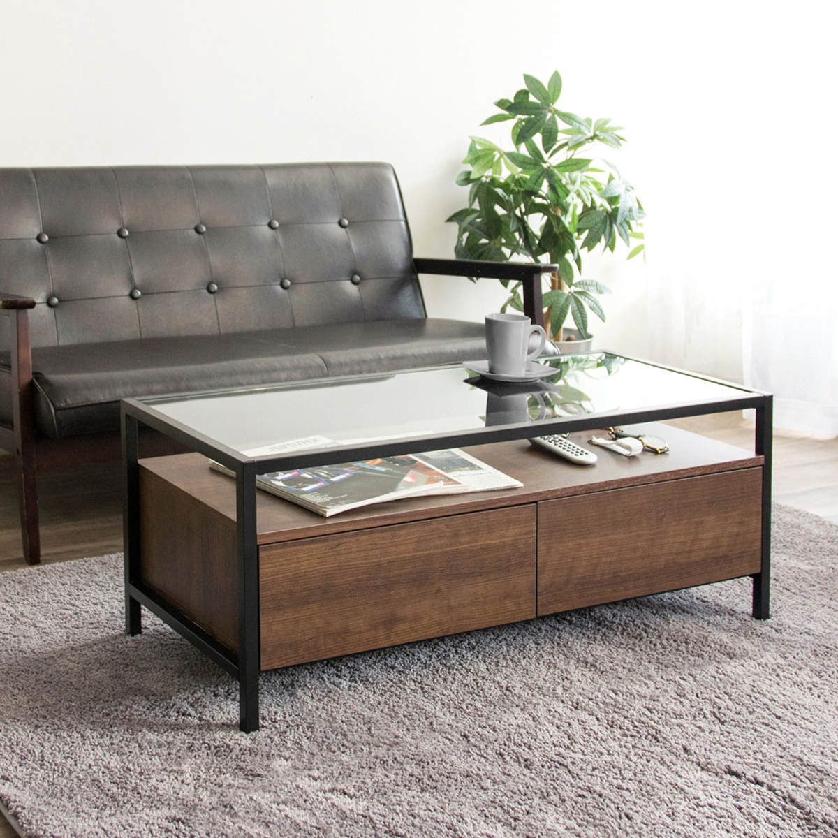 テレビ台 ヴィンテージ調 ガラストップ 引出し付 幅97cm （ テレビ