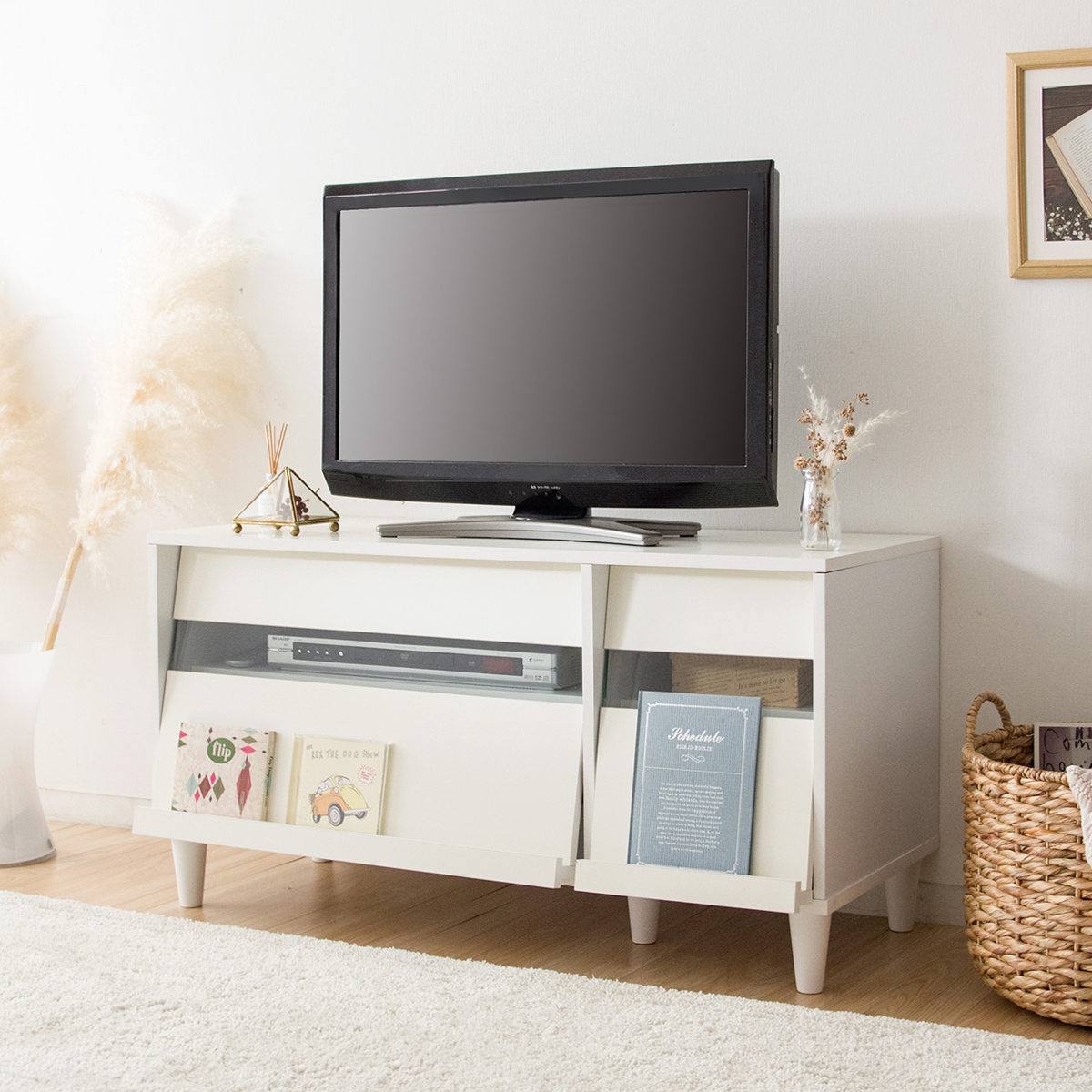 テレビ台 北欧風 フラップ扉 スライド棚付 幅95cm （ テレビボード TV