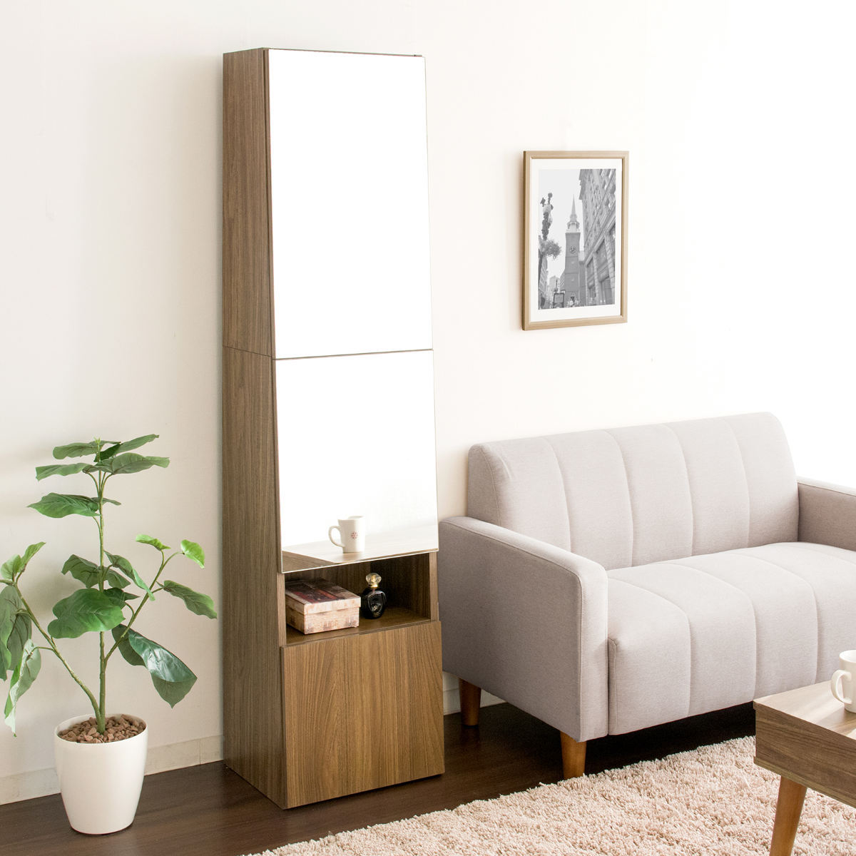 ミラー付きラック 5段 3枚扉 コンセント付 幅38cm （ 鏡付き リビング