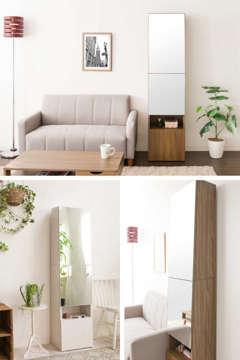 ミラー付きラック 5段 3枚扉 コンセント付 幅38cm （ 鏡付き リビング