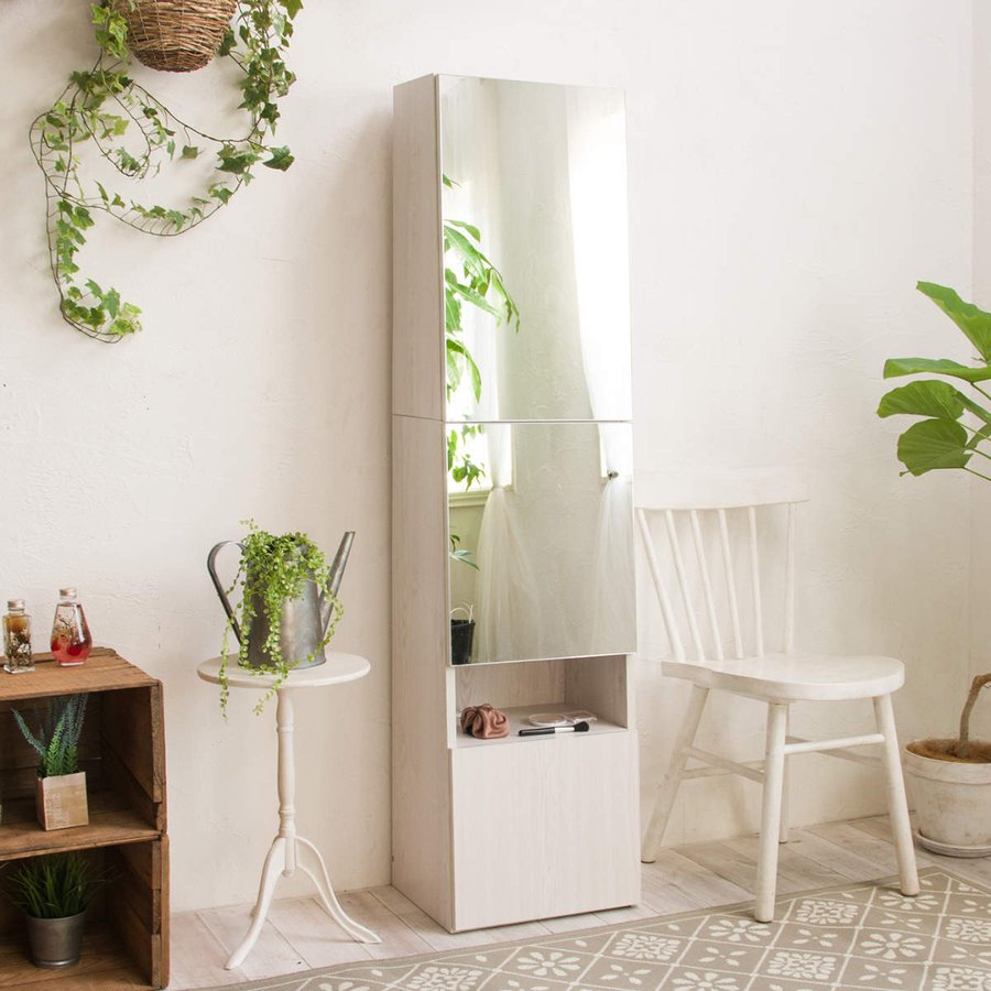 ミラー付きラック 5段 3枚扉 コンセント付 幅38cm （ 鏡付き リビング