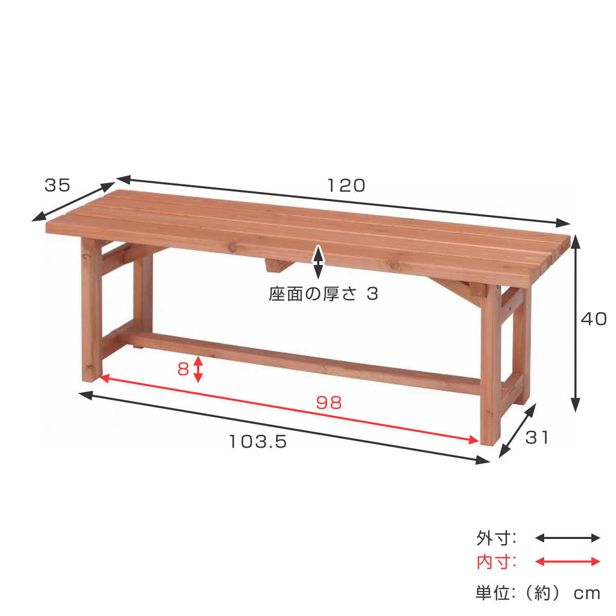 ガーデンベンチ 木製ベンチ 幅120cm （ ベンチ 木製 屋外 ウッドチェア 庭 バルコニー ）