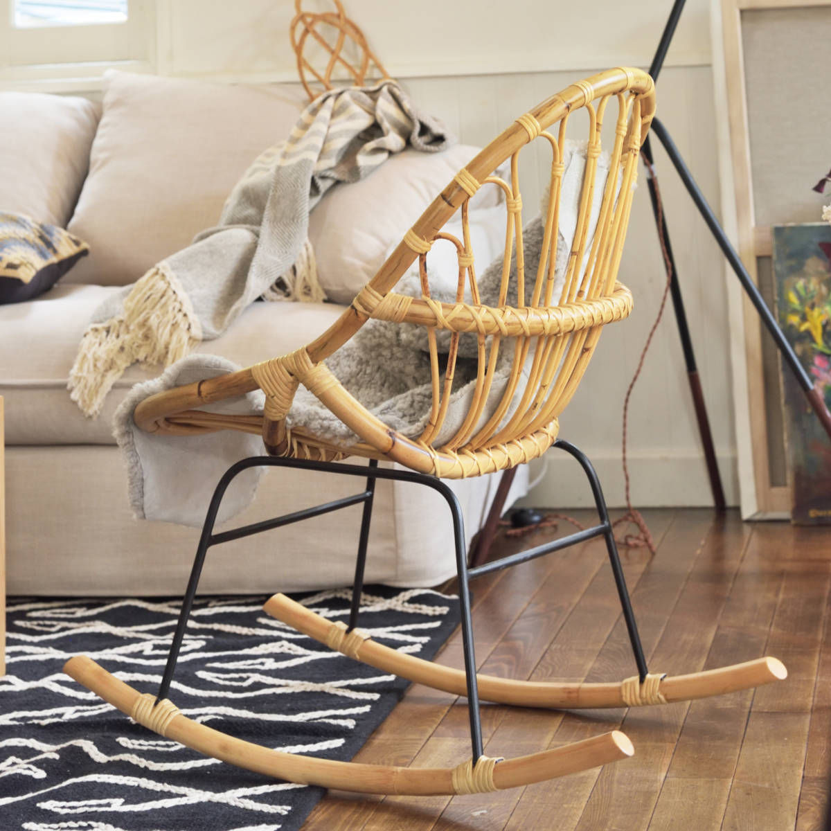 東谷 籐 ロッキングチェア アイアン脚 幅47cm （ ラタン製 チェア 椅子