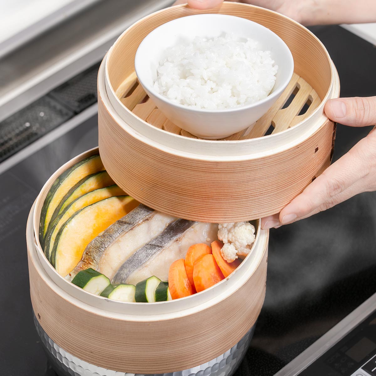 ★天然木角型二段せいろ21㎝（蒸台&すのこ付）未使用品 天然木角型二段せいろ21㎝（蒸台&すのこ付）未使用