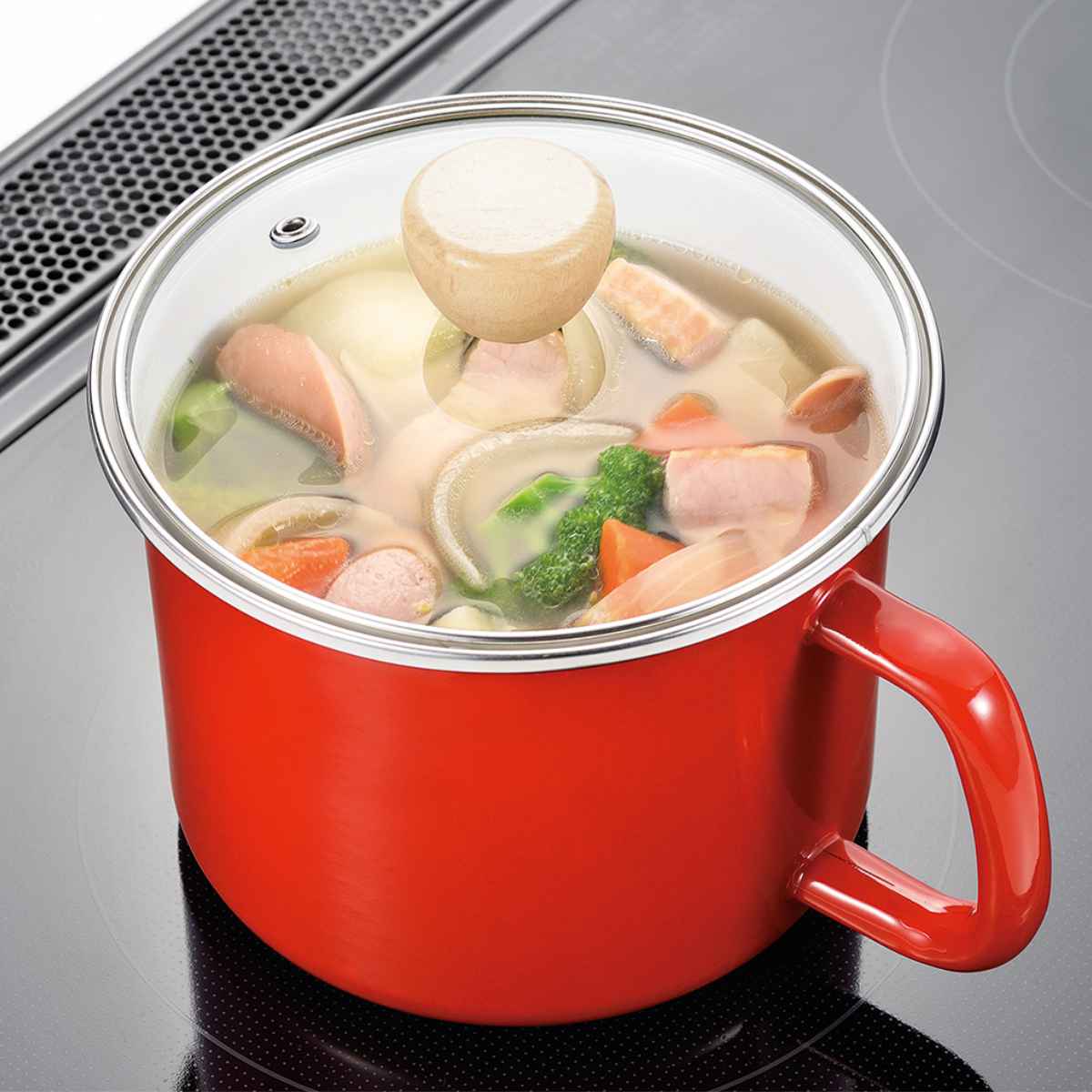 パール金属 深型クックポット 14cm IH対応 ホーロー製 ガラス蓋付き