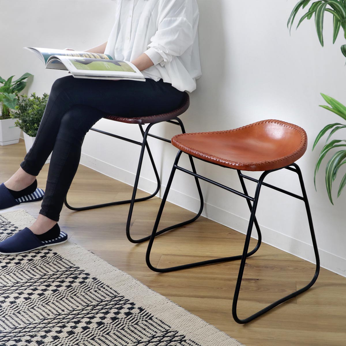 スツール 座面高45cm レザー アイアン アンティーク調 （ チェア イス