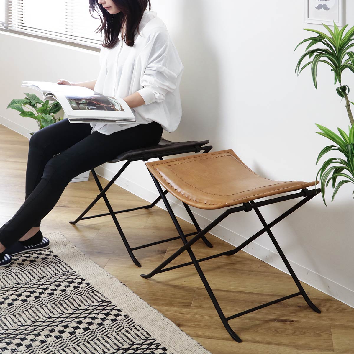 折りたたみ椅子 高さ44cm レザー アイアン アンティーク調 （ スツール