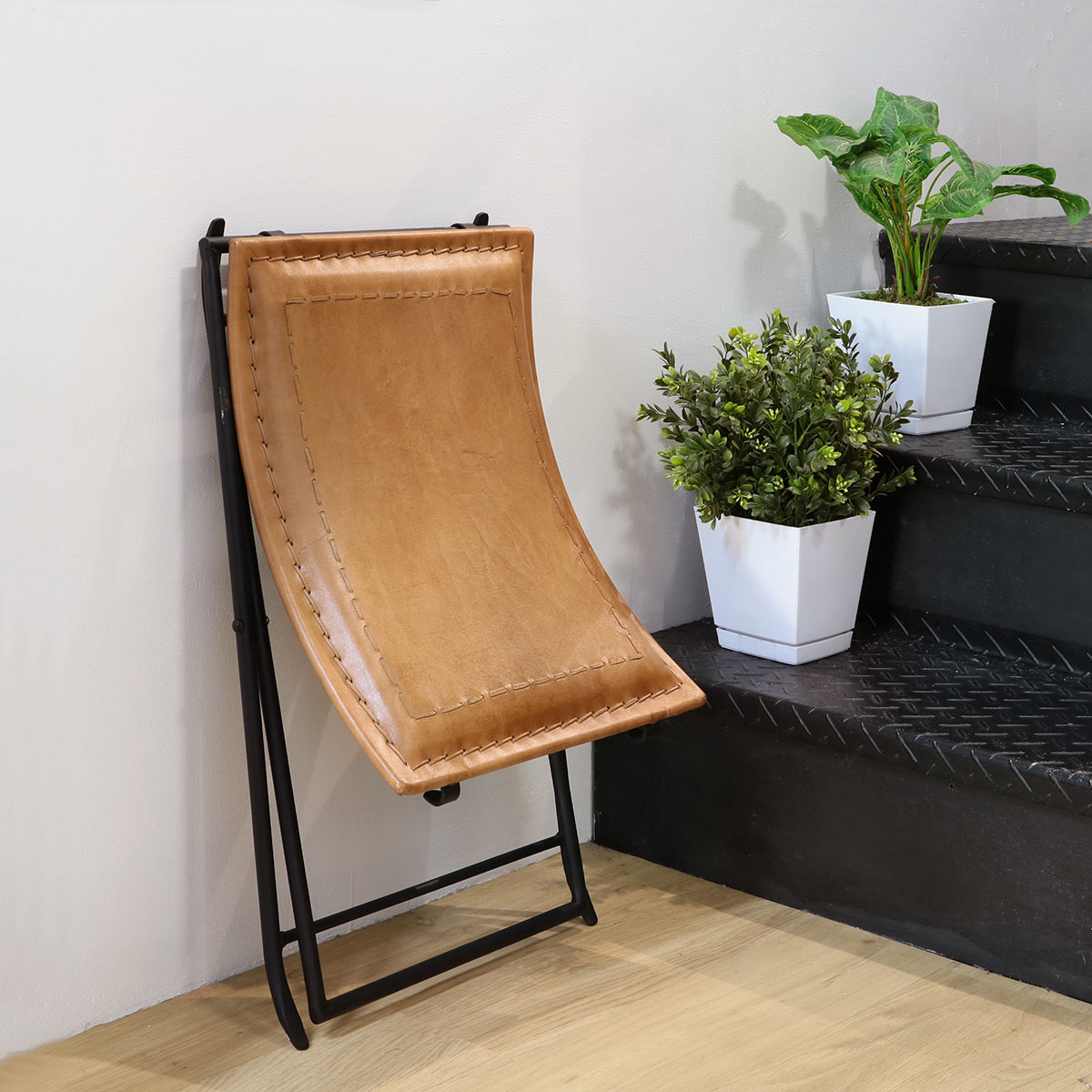 折りたたみ椅子 高さ44cm レザー アイアン アンティーク調 （ スツール