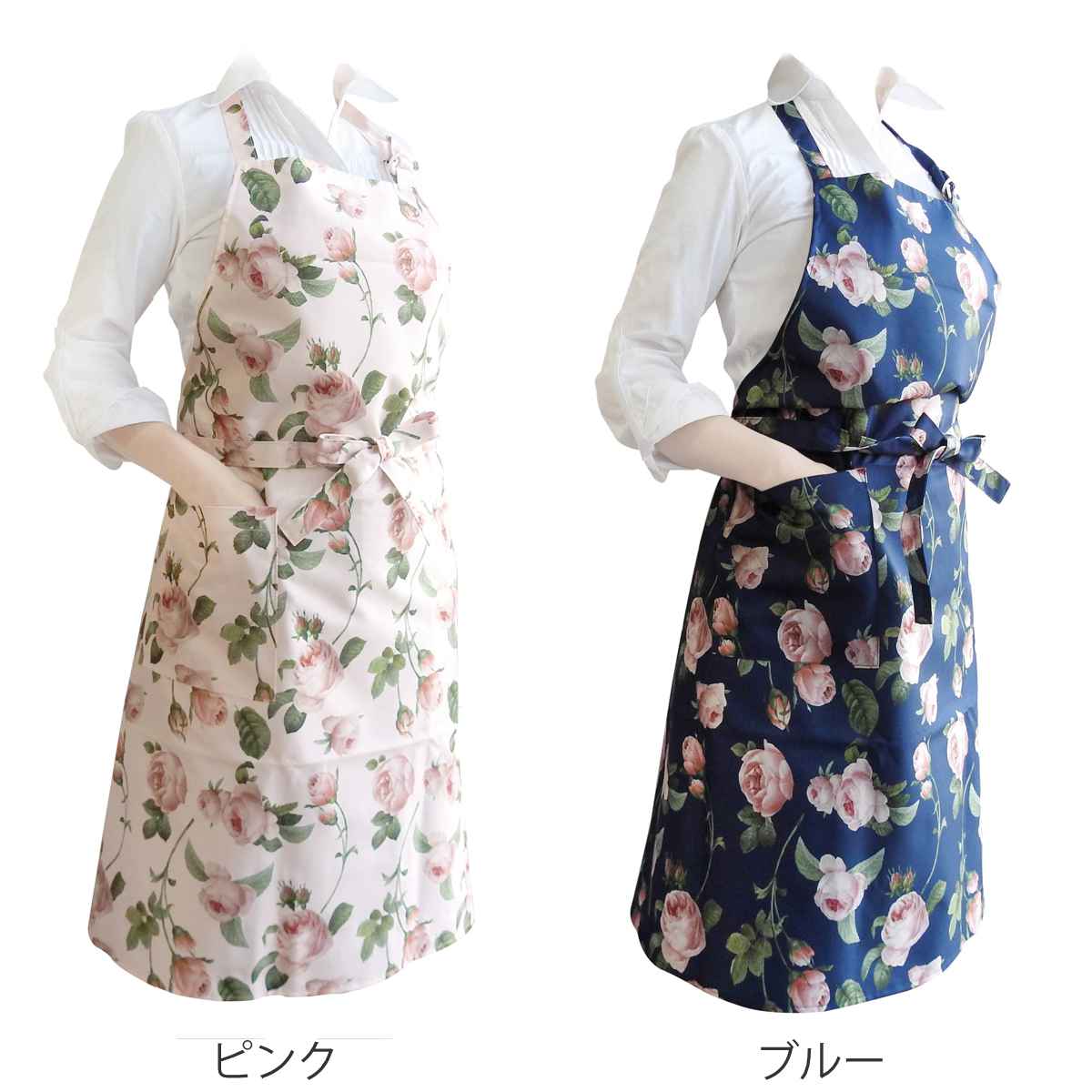 ★未使用　カネコイサオ　薔薇　小花　前ポケット　エプロン　茶系＆薔薇柄Ｔシャツ 大西賢製販 エプロン ポリエステル 100％ ポケット付き 花柄 ローズ