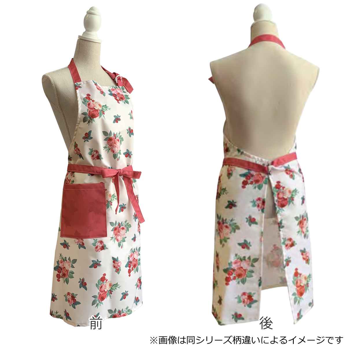 ★未使用　カネコイサオ　薔薇　小花　前ポケット　エプロン　茶系＆薔薇柄Ｔシャツ 大西賢製販 エプロン ポリエステル 100％ ポケット付き 花柄 ローズ