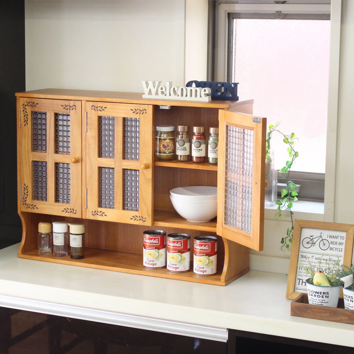 キッチン収納 ライトウッド調 食器棚 OSMAC 調味料ラック カウンター上調味料ラック 幅68cm リーフ柄 木製