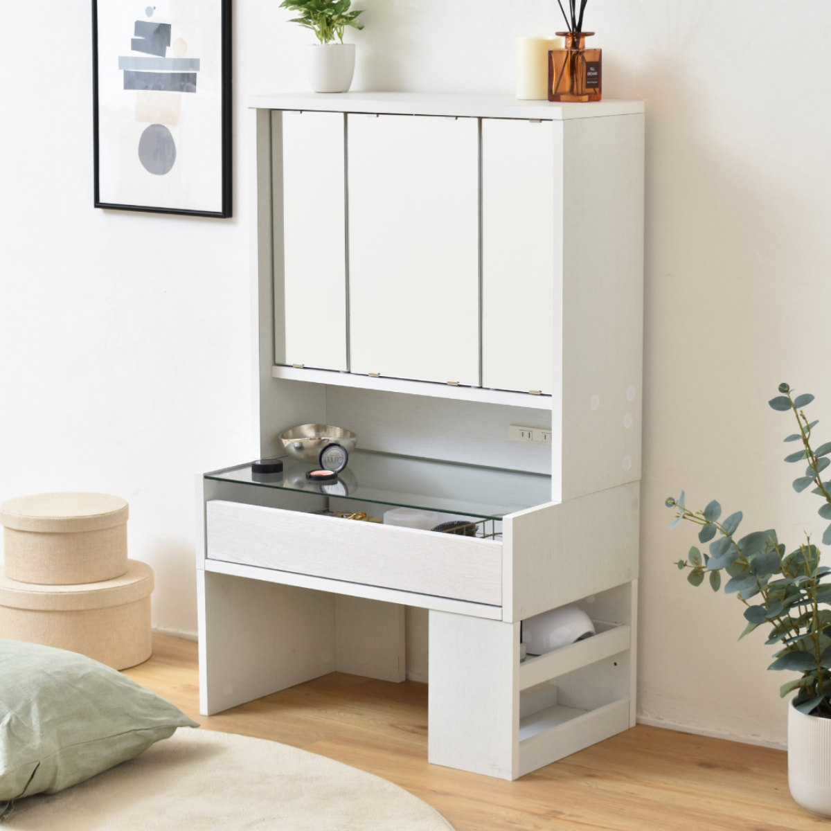 ドレッサー ロータイプ 高さ97.5cm 三面鏡 ガラステーブル （ テーブル